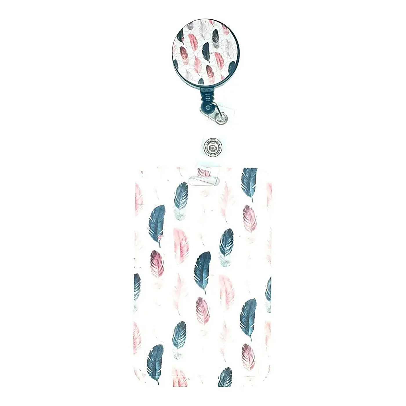 Porta Credencial con Yoyo Retractil Plumas Rosadas Y Negras