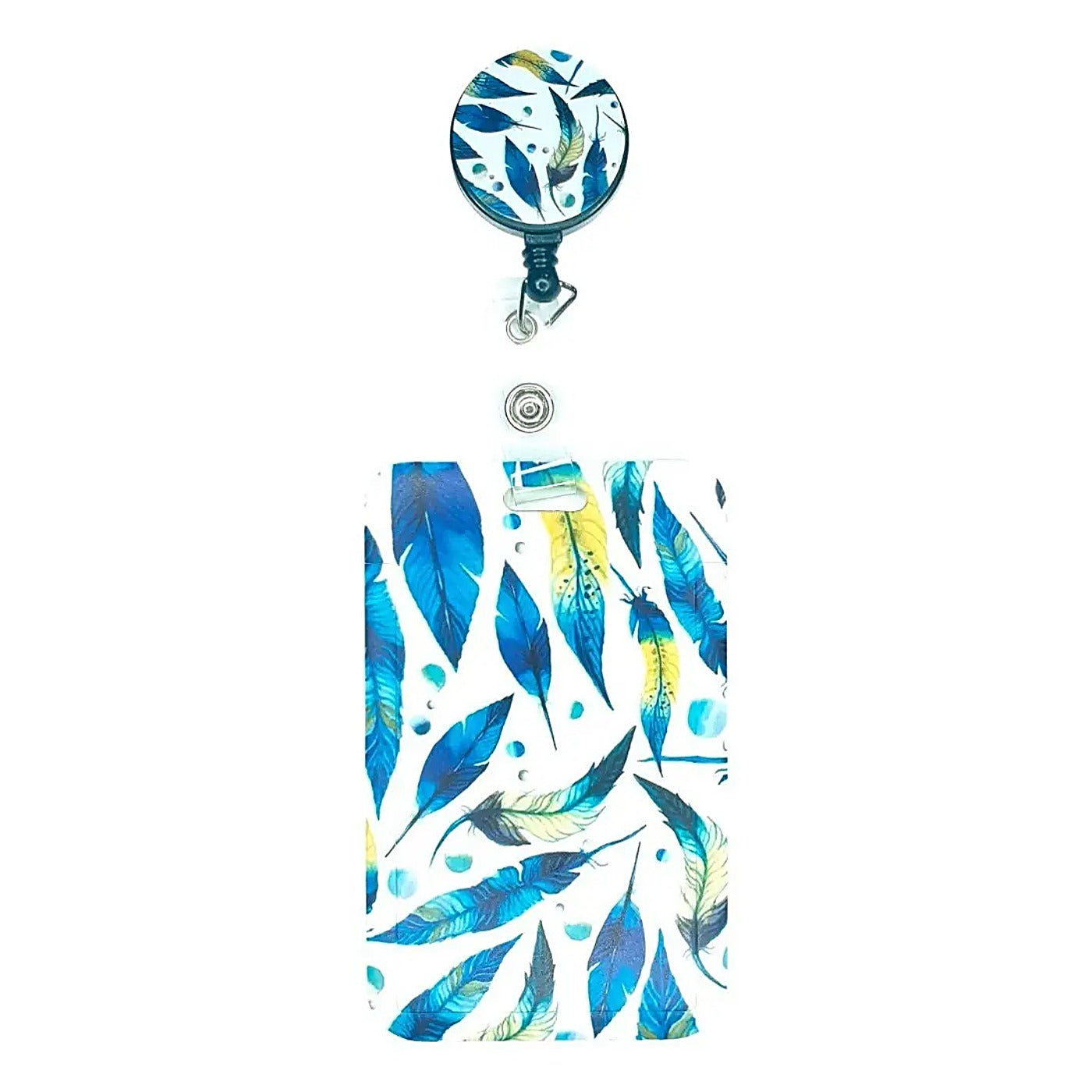 Porta Credencial con Yoyo Retractil Plumas Azules Y Amarillo