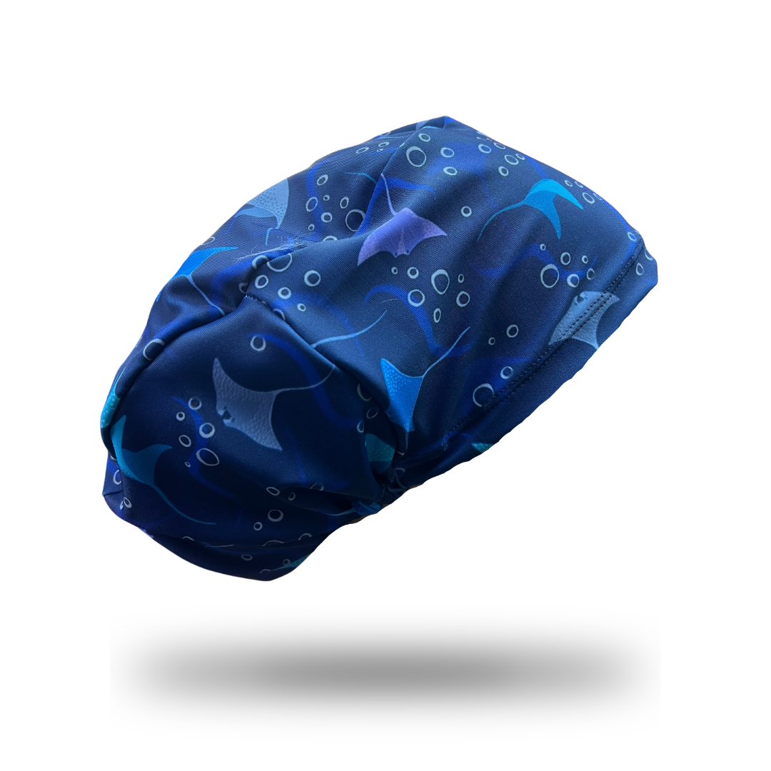 Gorro clínico mujer azul estampado Cofia Lycra Mantarraya - Uniformes Clínicos Sami