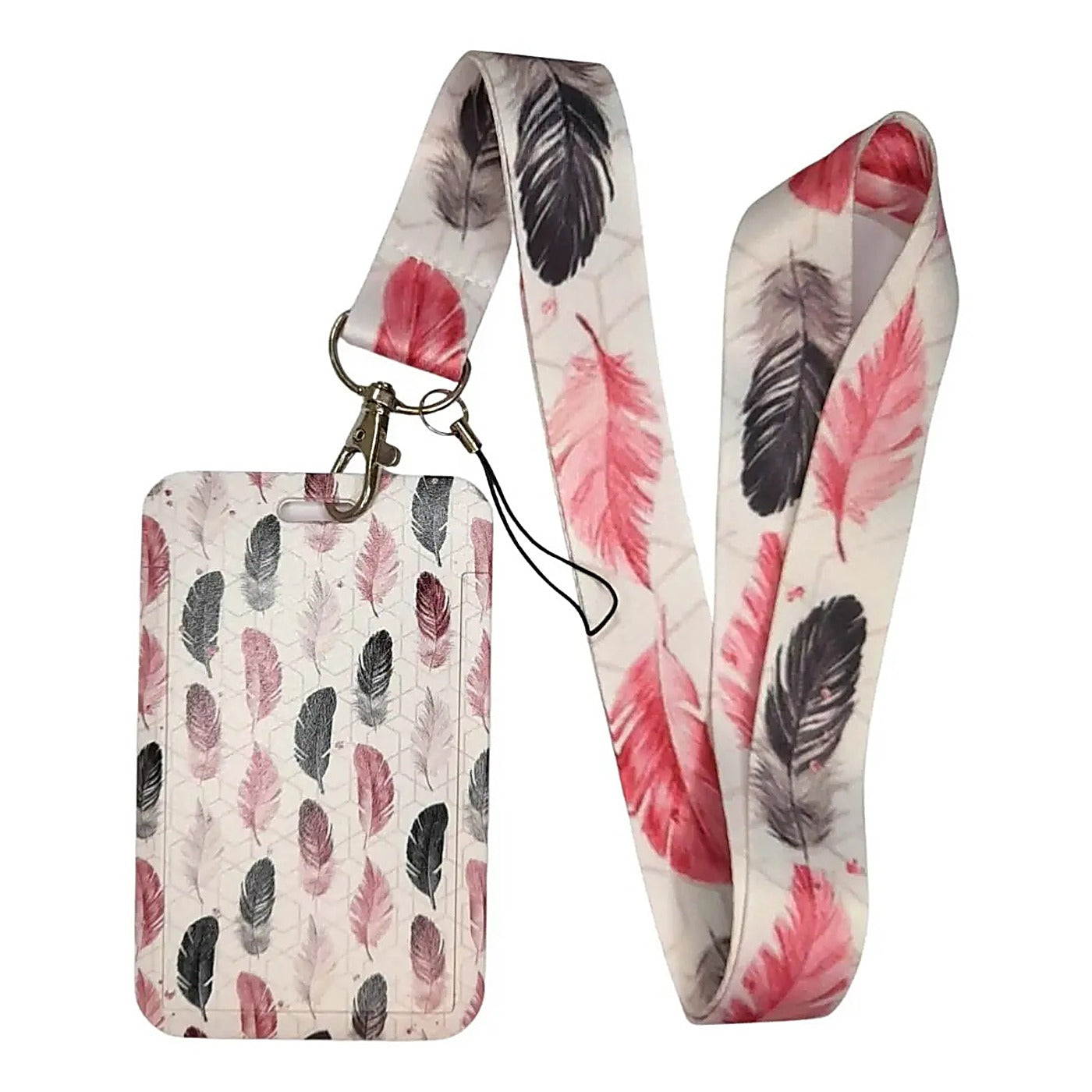 Porta Credencial con Lanyard Plumas Rosadas Y Negras
