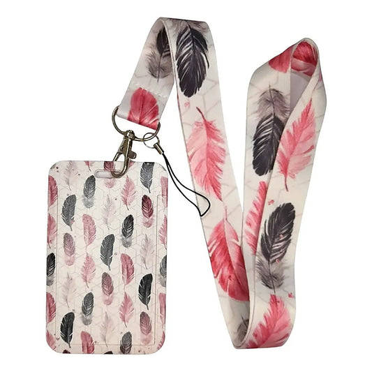 Porta Credencial con Lanyard Plumas Rosadas Y Negras