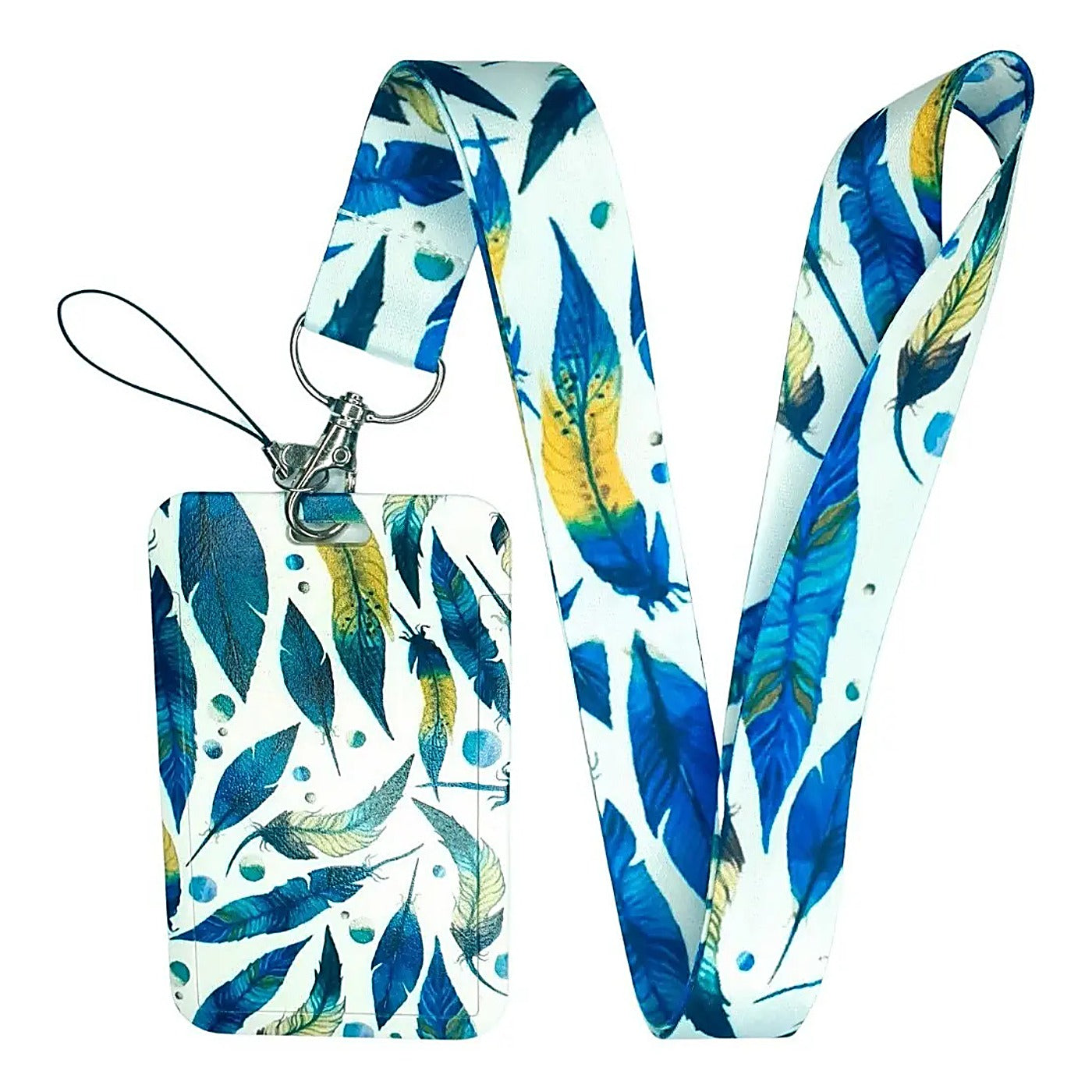 Porta Credencial con Lanyard Plumas Azul Acuarela