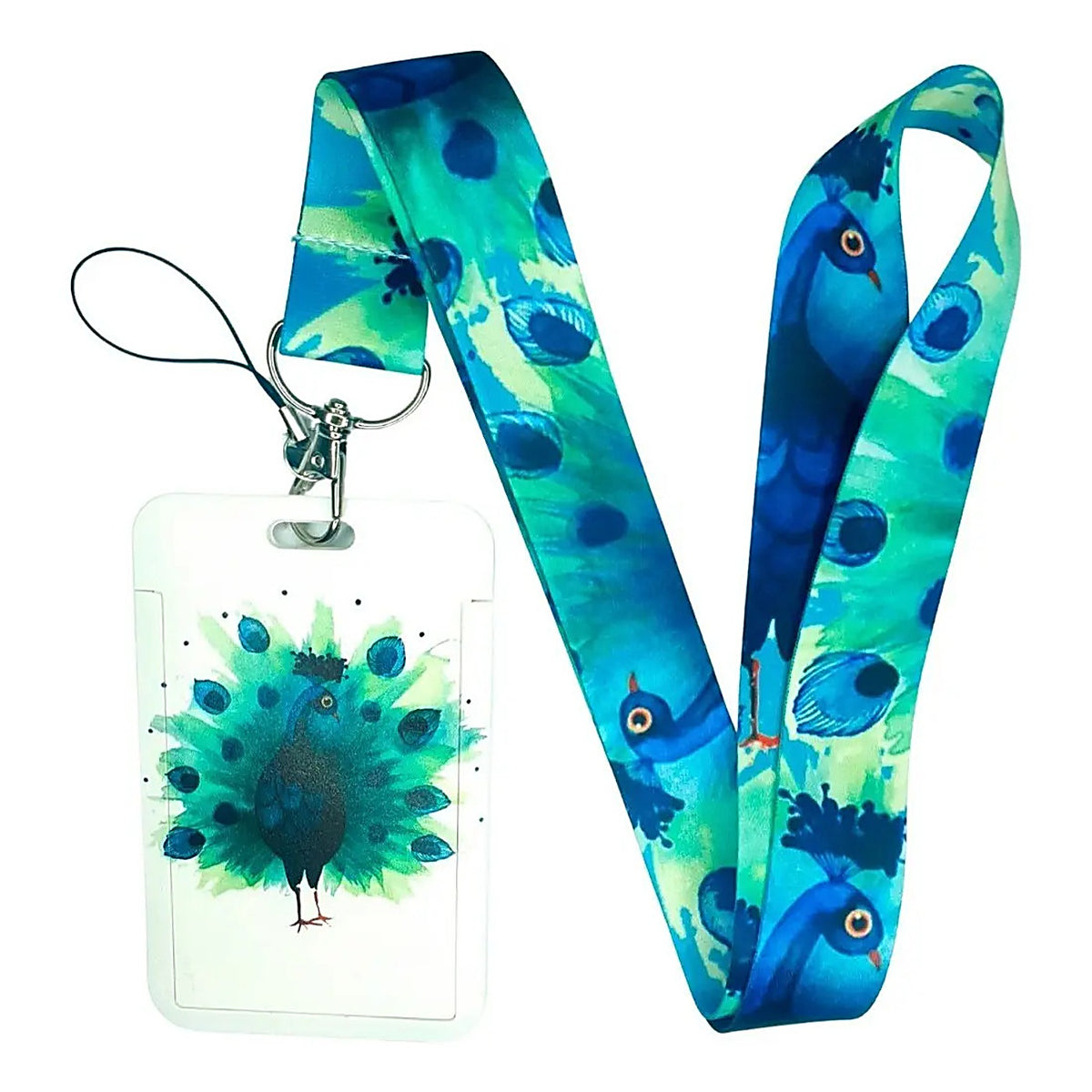 Porta Credencial con Lanyard Pavo Real Fondo Blanco