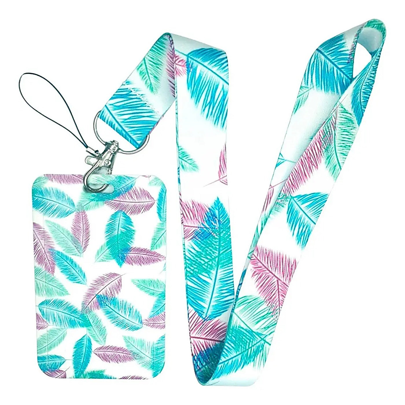 Porta Credencial con Lanyard Plumas Lila Y Verde