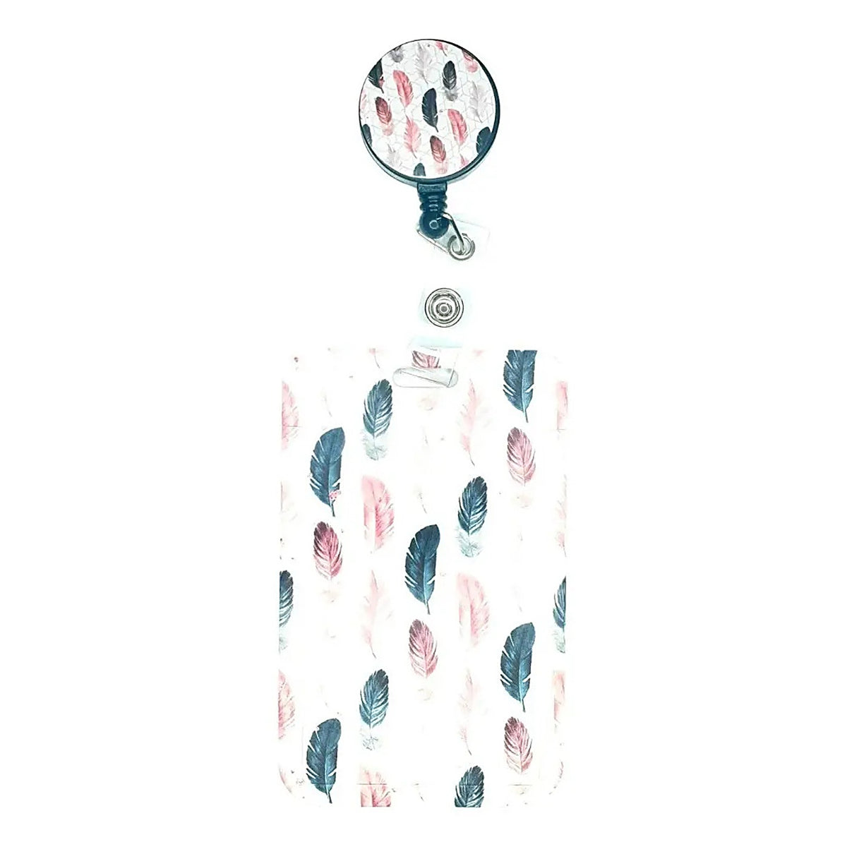 Porta Credencial con Yoyo Retractil Plumas Rosadas Y Negras