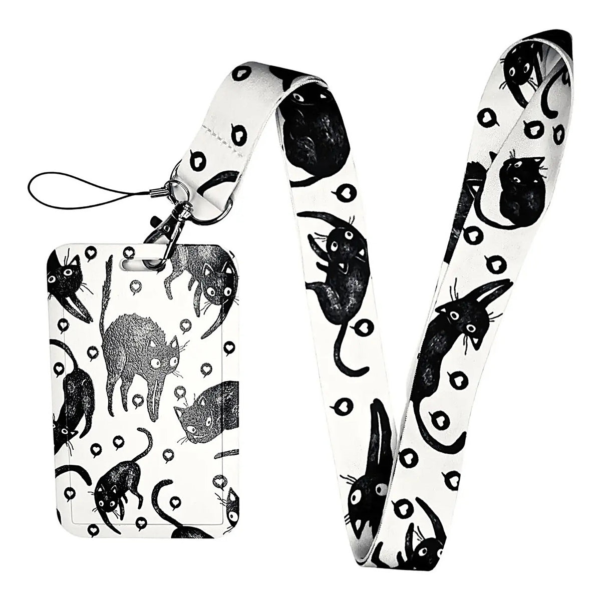 Porta Credencial con Lanyard Gatitos Negro Corazon