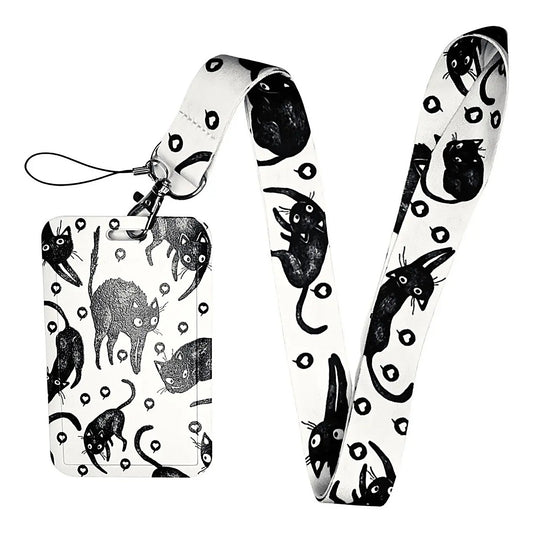 Porta Credencial con Lanyard Gatitos Negro Corazon