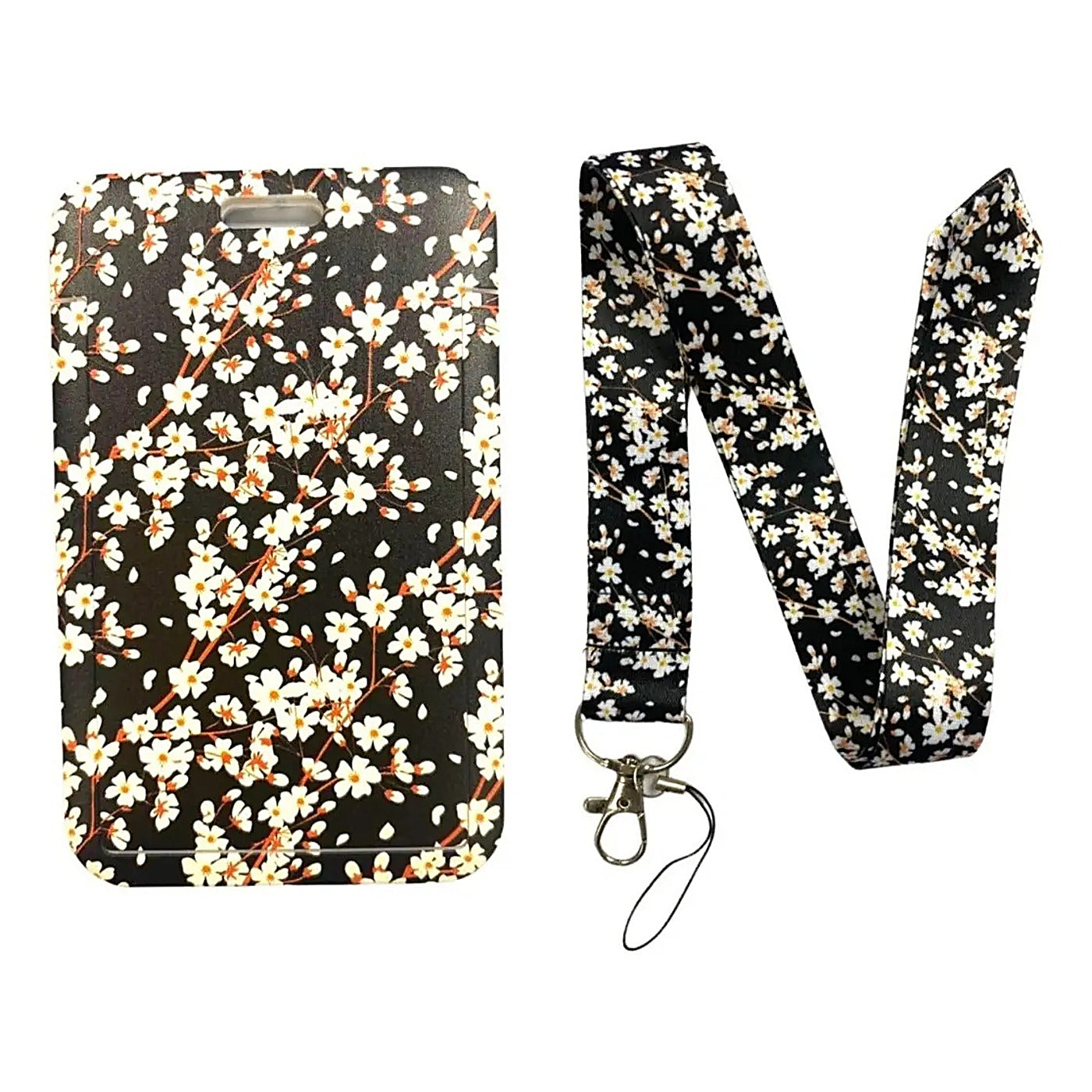 Porta Credencial con Lanyard Negro Flores Blancas