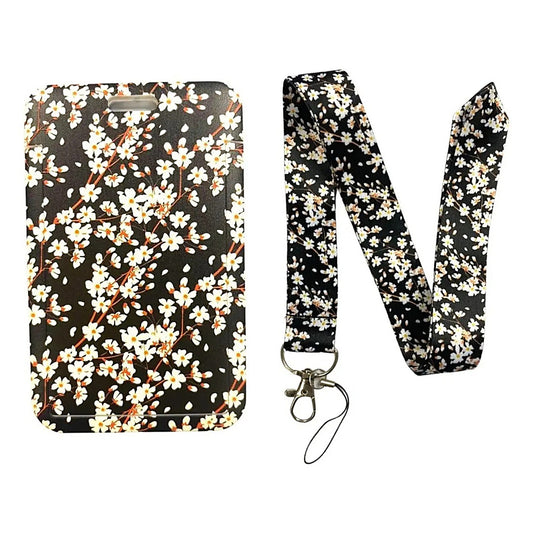 Porta Credencial con Lanyard Negro Flores Blancas