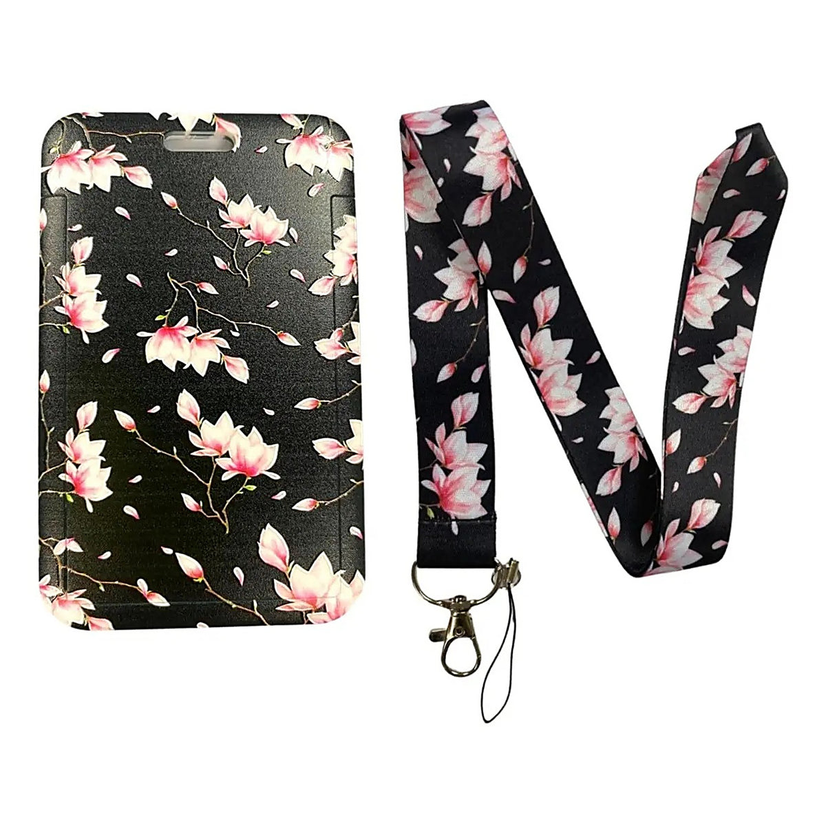 Porta Credencial con Lanyard Negro Flores Rosadas