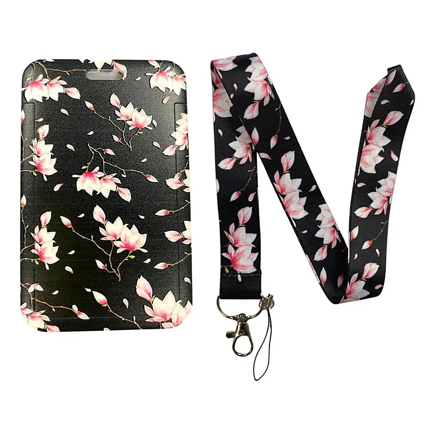 Porta Credencial con Lanyard Negro Flores Rosadas