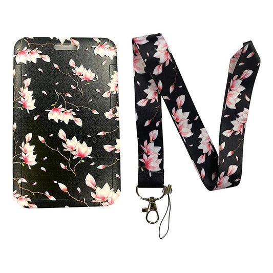 Porta Credencial con Lanyard Negro Flores Rosadas