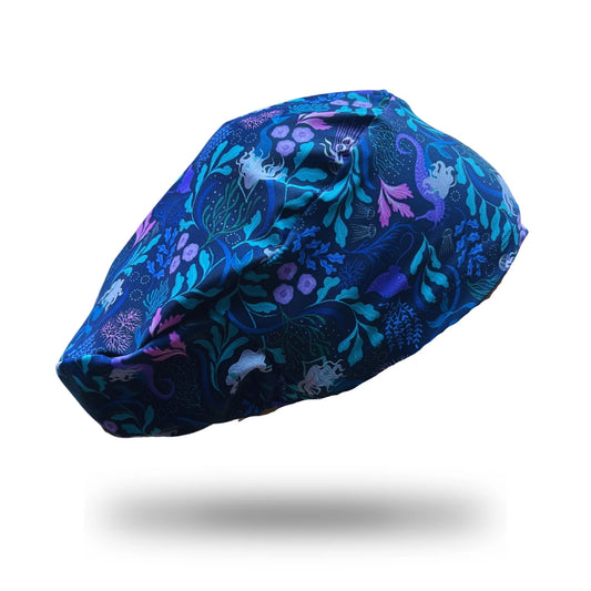 Gorro clínico lycra mujer estampado Bajo el Mar, azul con caballitos de mar - Uniformes Clínicos Sami