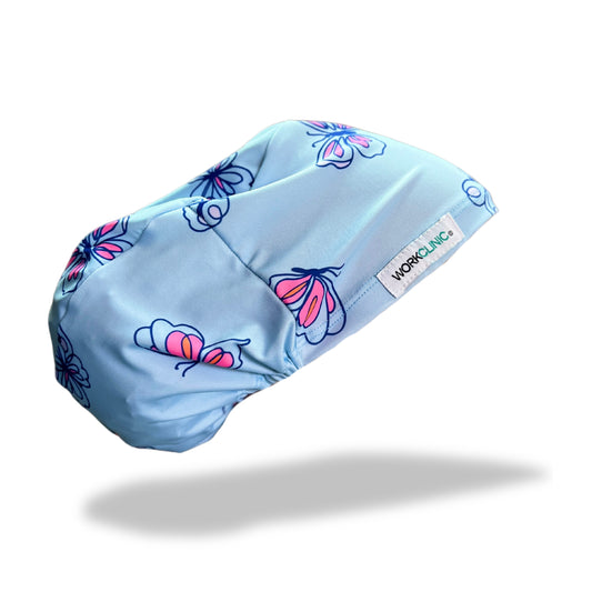 Gorro clínico mujer celeste estampado Cofia Lycra Mariposa - Uniformes Clínicos Sami