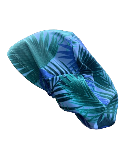 Gorro clínico mujer celeste estampado Lycra palmeras - Uniformes Clínicos Sami
