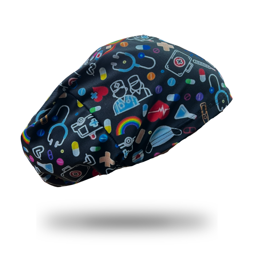 Gorro clínico mujer negro estampado Cofia Lycra Nurse - Uniformes Clínicos Sami