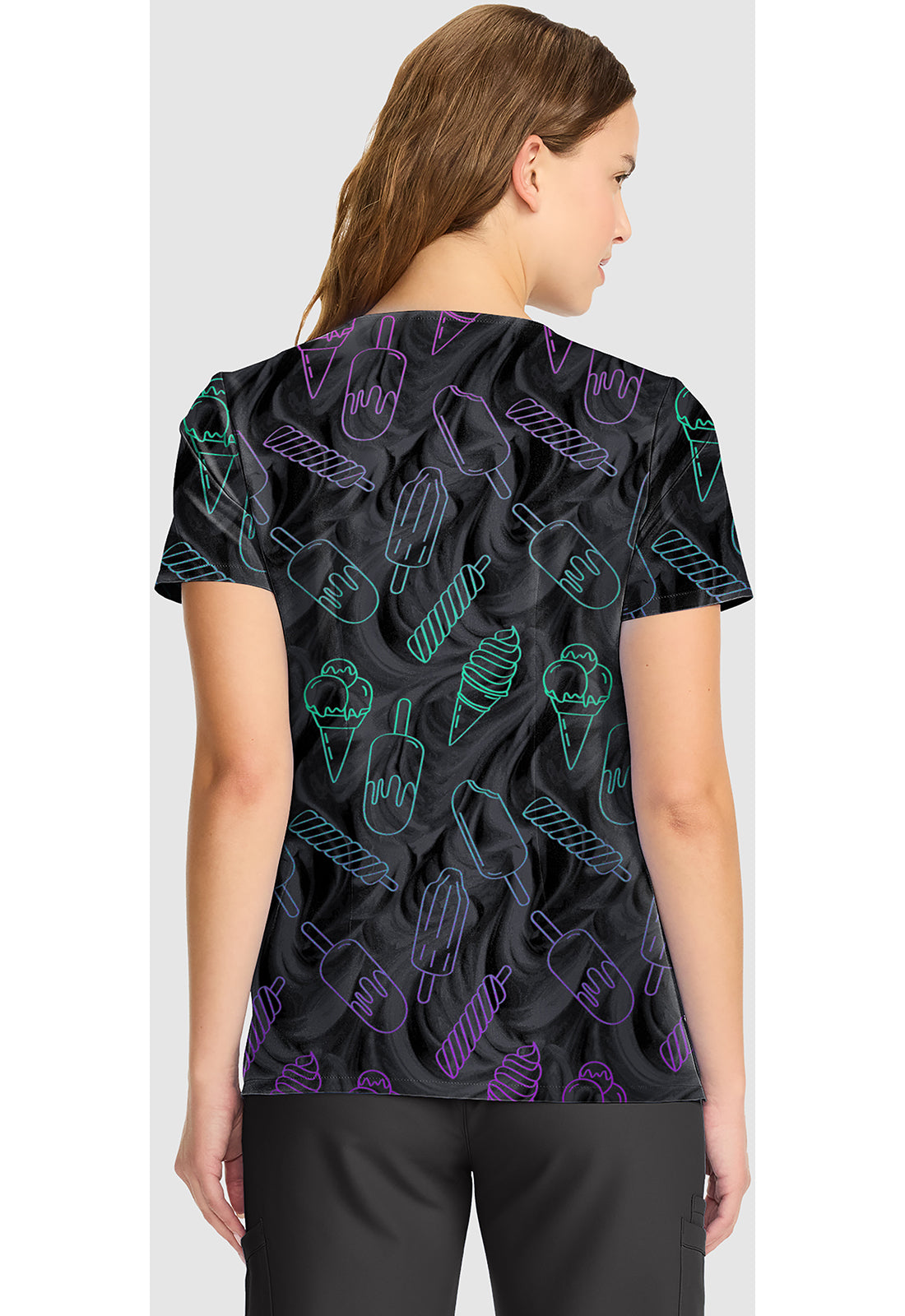 Polera clínica mujer Tooniforms Estampada LHAY TF626, vista trasera - Uniformes Clínicos Sami