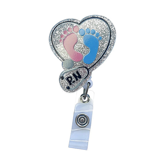 Porta credencial acrílico Corazón Pies rosado celeste